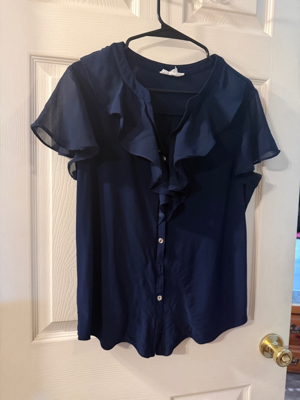 PerSeption Concept Navy Ruffle Front Button-Down Blouse